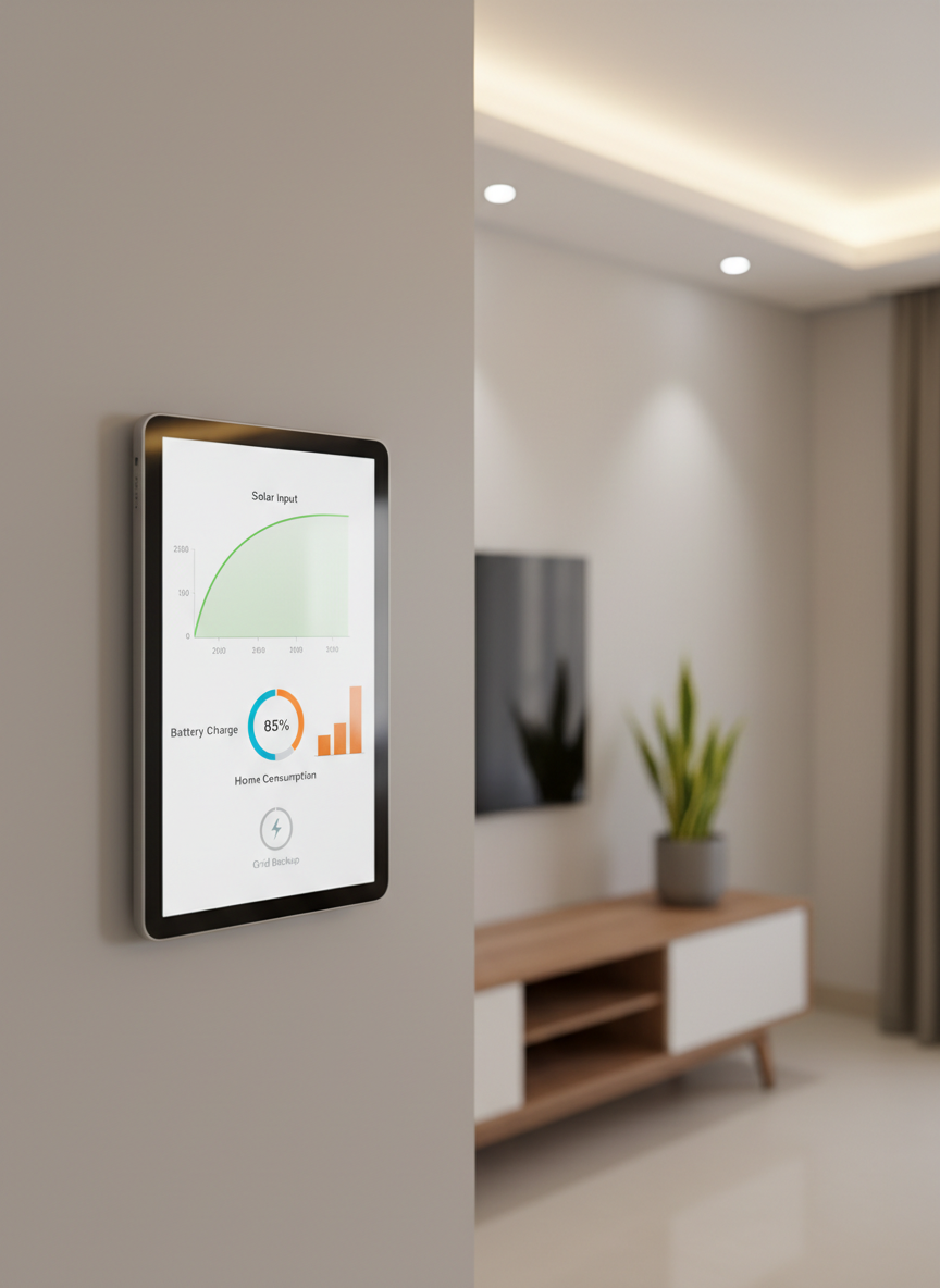 A smart home energy dashboard displayed on a wall-mounted tablet within a tidy Nigerian living room, focusing closely on the screen. The interface shows real-time solar generation, battery charge level, and home consumption as clean, colorful graphs and icons against a white background, with clear labels like “Solar Input” and “Grid Backup.” The tablet is framed by a smooth, light-grey wall and a nearby minimalist wooden console with a small, potted snake plant, both softly out of focus. Warm, indirect LED lighting from a ceiling cove creates a gentle glow, minimizing reflections on the glass screen. Shot at eye level with a shallow depth of field, the composition centers on data clarity and technological ease, producing a calm, sophisticated atmosphere in a photorealistic, modern style.