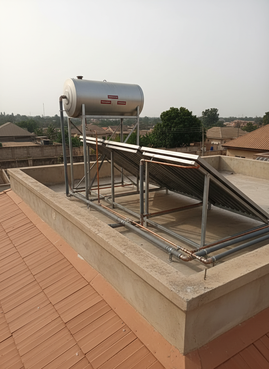 A flat rooftop solar water heating system installed on a Nigerian residential building, featuring a large insulated horizontal storage tank in matte silver with clear temperature and pressure labels, connected to two tilted, dark glazed solar thermal collectors. Copper pipes with foam insulation run neatly along the roof surface, securely clipped at regular intervals and directing hot water into the building. The roof is finished in light terracotta tiles, with a low parapet and distant, softly blurred neighborhood rooftops beyond. Late morning sunlight reflects subtly off the collector glass, while soft clouds diffuse harsher glare, creating gentle shadows. Captured from an elevated, side-on angle with moderate depth of field, the image emphasizes functional detail and craftsmanship, conveying efficiency, sustainability, and engineering confidence in clean photographic realism.