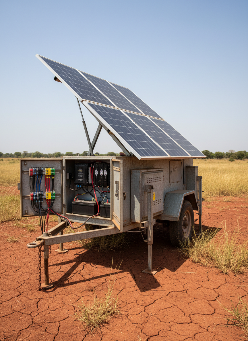 A rugged mobile solar power trailer system parked on compacted red earth, designed for off-grid use in remote Nigerian locations. The compact, galvanized steel trailer carries a fold-out array of hinged solar panels in matte dark blue, partially deployed at an angle, with stabilizing legs extended. A lockable equipment box houses an inverter and batteries, its doors slightly open to reveal neatly arranged components and labeled wiring. Sparse dry grasses and a distant line of low trees form the horizon under a clear, bright equatorial sky. Strong midday sunlight creates pronounced, clean shadows beneath the trailer and panels, emphasizing robustness. Captured from a low three-quarter angle with sharp focus and a slightly dramatic perspective, the image feels capable, durable, and practical in a realistic, professional photographic style.