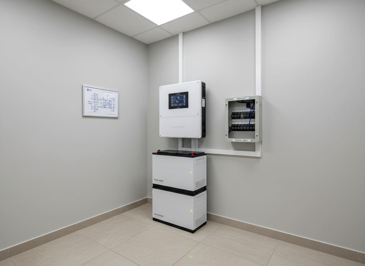 A polished indoor solar energy control room corner featuring a wall-mounted hybrid inverter with a crisp digital display, two stacked deep-cycle lithium battery modules in white metal casings, and a clearly labeled breaker panel. All cables are neatly routed in white trunking against a light grey wall, with a small, framed schematic of the solar system layout hanging nearby. The equipment rests on a spotless tiled floor in neutral tones. Soft, diffused artificial ceiling lighting bathes the space evenly, reducing harsh shadows and emphasizing clarity and order. Captured at eye level with a slight side angle and moderate depth of field, the composition focuses on the equipment while allowing the calm, organized environment to support a mood of reliability, efficiency, and modern professionalism in photorealistic style.